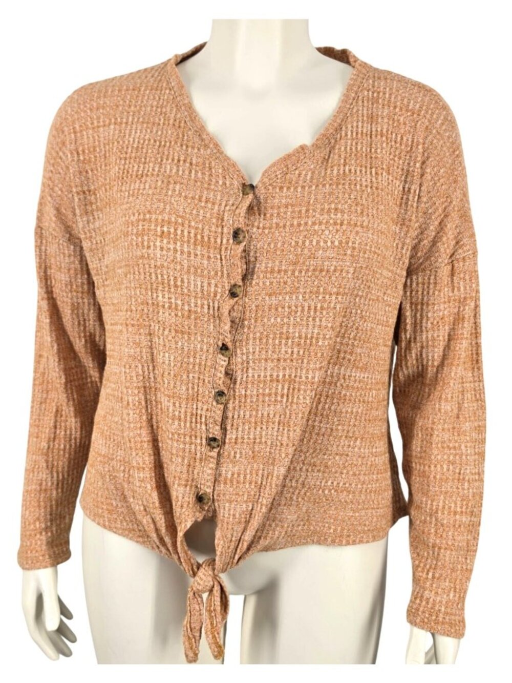 Women's Signature I Studio Button Tie Front Sweater Large Waffle Oversized Top